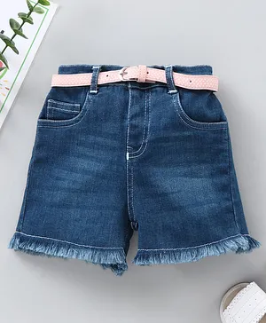 Babyhug Mid Thigh Washed Denim Shorts With Belt - Solid Blue