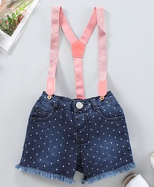 Babyhug Mid Thigh Length Denim Shorts with Suspenders & Polka Print - Blue