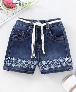 Babyhug Mid Thigh Denim Shorts with Embroidery - Dark Blue