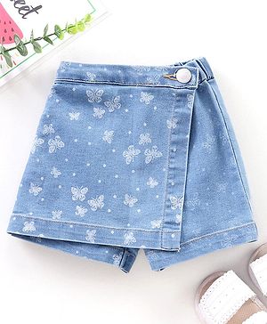 Babyhug Mid Thigh Length Denim Skorts Butterflies Print - Blue