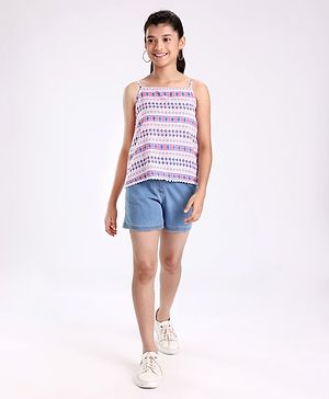 Pine Kids Singlet Sleeves Woven Top With Denim Shorts Printed - Multicolor