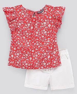 Pine Kids Cotton Floral Printed Top & Denim Shorts Set  - Red