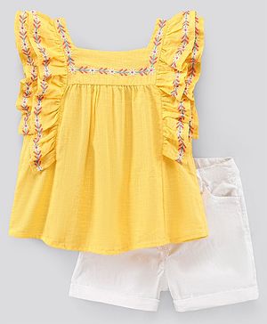 Pine Kids Flutter Sleeves Top & Shorts Set Floral Embroidery - Yellow