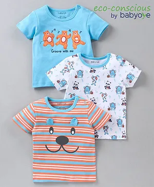 Babyoye 100% Cotton Eco-Conscious Half Sleeves Striped Tees Animal Print & Patch Pack of 3 - Blue White Multicolor