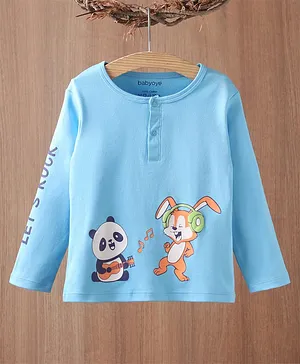 Babyoye 100% Cotton Eco Conscious Full Sleeves Tee Panda & Bunny Print - Sky Blue