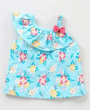 Babyhug Sleeveless One Shoulder Top With Bow & Frill Detailing Floral Print - Blue