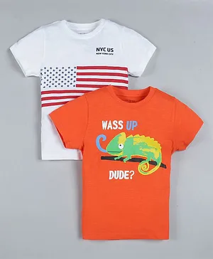 Plum Tree Half Sleeves Pack Of 2 Monster Print T-Shirt - White & Orange