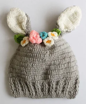 Woonie Handmade Flower Design Bunny Ears Cap - Grey