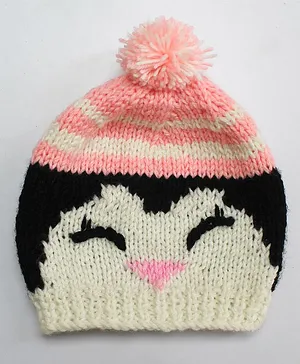 Woonie Penguin Design & Pom-Pom Detailing Handmade Cap - Pink