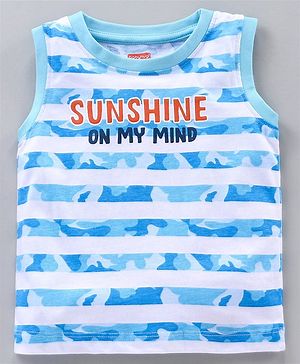 Babyhug Sleeveless Cotton T-Shirt With Sunshine On My Mind Text And Stripe Print - Blue White