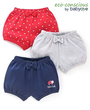 Babyoye Printed Shorts with Bow Pack of 3 - Red Grey Navy