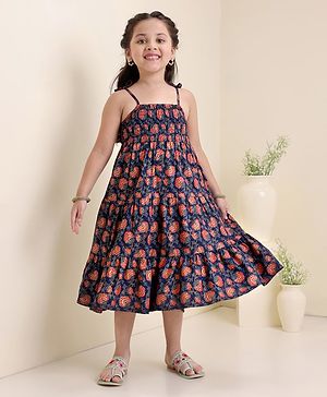 Babyhug Sleeveless Tiered Ethnic Dress Floral Print - Navy Blue