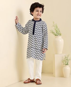 Babyhug Full Sleeves Kurta & Pyjama Moustache Print - White Navy Blue