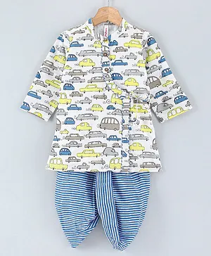 Babyhug Full Sleeves Cotton Car Printed Kurta and Dhoti Set - Yellow Blue
