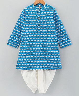 Babyhug Full Sleeves Cotton Dhoti And Kurta Set Elephant Print - Blue White