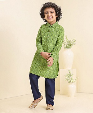 Babyhug Full Sleeves Printed Kurta & Pyjama Set - Green Blue