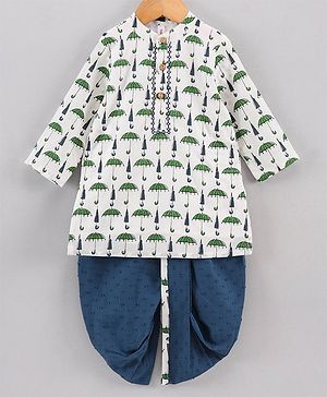 Babyhug Full Sleeves Kurta and Dhoti Pants Set Umbrella Print - White Blue