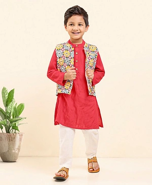 Babyhug Full Sleeves Cotton Woven Kurta & Pajama Set With Waist Coat Printed - Red White