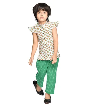 Olesia Cap Sleeves Handblock Floral Motif Print Top & Ikat Print Pajama - Orange & Green