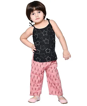 Olesia Sleeveless Shoulder Tie Stars Print Top & Ikat Print Pajama - Black & Pink