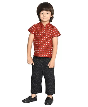Olesia Half Sleeves Printed Shirt & Ikat Print Pajama - Red & Black