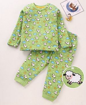 Babyhug Cotton Knit Full Sleeves Night Suit Sheep Print - Green