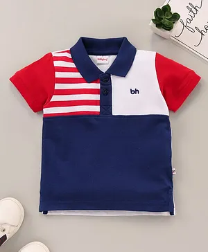 Babyhug Half Sleeves Cotton Blend Polo T-shirt Striped - Blue