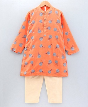 Babyhug Full Sleeves Kurta Payjama Set Floral Print - Orange