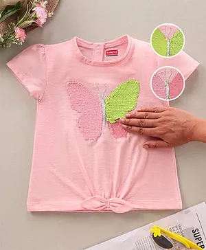 Babyhug Cap Sleeves Tee With Butterfly Sequin & Bow Detailing- Pink