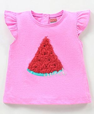 Babyhug Cap Sleeves Cotton Top with 3D Melon Applique - Pink