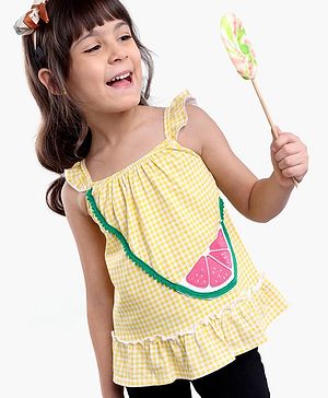 Babyhug Singlet Sleeves Top Checks Print with Sling Bag Applique - Yellow