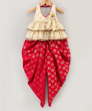 Twisha Sleeveless Floral Print Top With Dhoti - Red