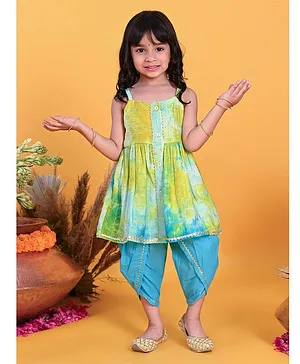 Saka Designs Singlet Sleeves Tie Dyed Kurti and Dhoti Set Embellished - Blue Green