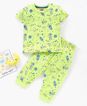 Babyhug Half Sleeves Nightwear Pajama Set Rockets Print - Green