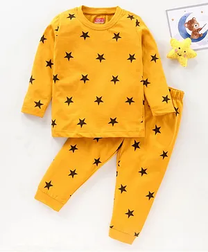 Babyhug Full Sleeves Cotton Night Suit Stars Print- Mustard