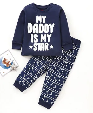 Babyhug Cotton Knit Full Sleeves Night Suit Stars and Text Print - Navy Blue