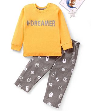 Babyhug Cotton Knit Full Sleeves Night Suit Text Print - Yellow Grey