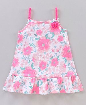 Babyhug 100%Cotton Singlet Frock Floral Print & Applique - Off White Light Pink