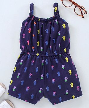 Babyhug 100% Cotton Singlet Sleeves Jumpsuit Sea Horse Print - Blue