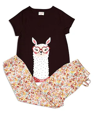Pinehill  Short Sleeves Llama Print Tee With Pajama - Brown