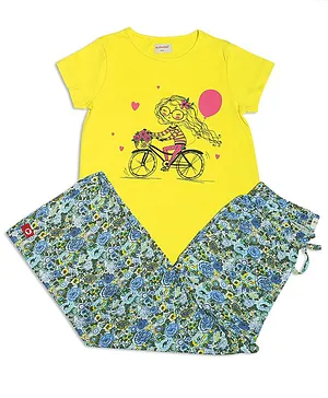 Pinehill Short Sleeves Doll Print Tee With Pajama - Yellow