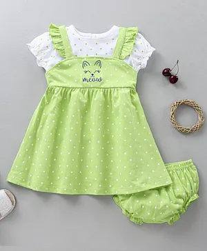 Babyhug 100% Cotton Half Sleeves Frock with Inner Tee And Bloomer Cat Print - Green