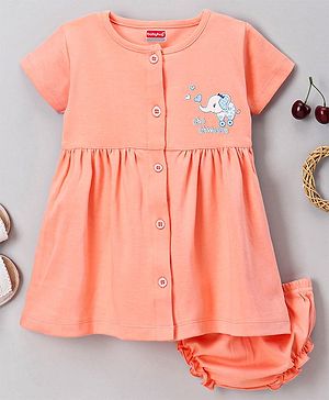 Babyhug 100% Cotton Half Sleeves Frock with Bloomer Elephant Print - Peach