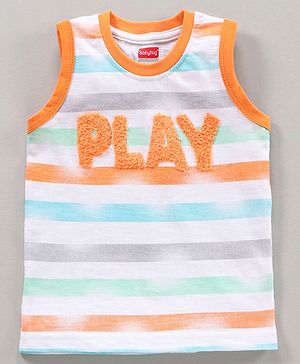 Babyhug Sleeveless Striped T-Shirt Text Print - Orange