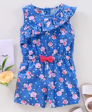 Babyhug 100% Cotton Sleeveless Jumpsuit Floral Print - Blue
