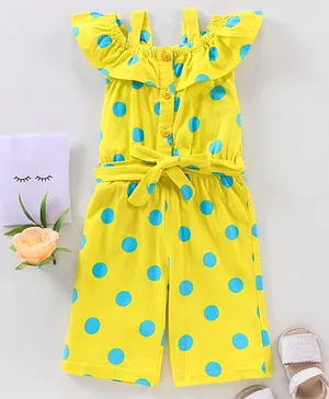 Babyhug 100% Cotton Cold Shoulder Jumpsuit Polka Dot Print - Yellow