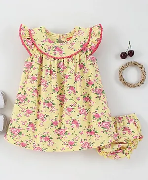 Babyhug 100% Cotton Frill Sleeve Frock With Bloomer Set Floral Print - Yellow