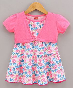 Babyhug Singlet 100% Cotton Frock With Shrug Floral Print - White