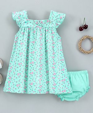 Babyhug 100 % Cotton Cap Sleeves Frock With Bloomer Floral Print (Colour May Vary)