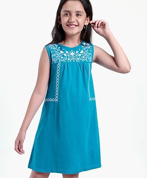 Pine Kids Sleeveless Biowashed Frock with Floral Embroidery - Blue